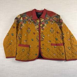 Carole Little Petites Vintage Quilted Floral Toggle Jacket Mustard Yellow